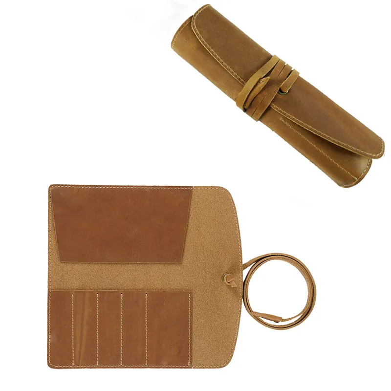 Äkta Läder Penna Case Roll Retro Pen Bag Storage Holder Organizer Business School Stationery Supplies KDJK2104