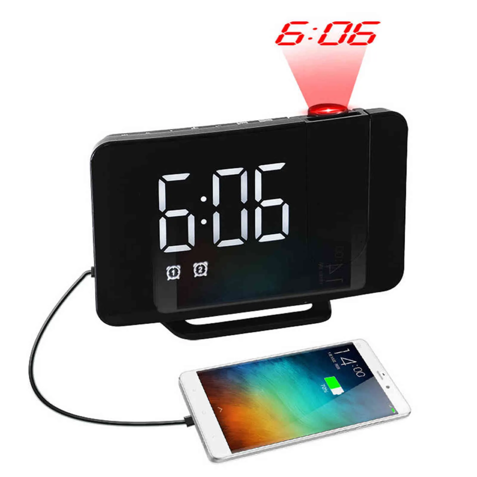 LED Digital Alarm Clock Watch Table Elektroniczny Pulpit Zegary USB Wake Up FM Radio Time Radio Clocks Snooze Funkcja 2 Alarm 211112