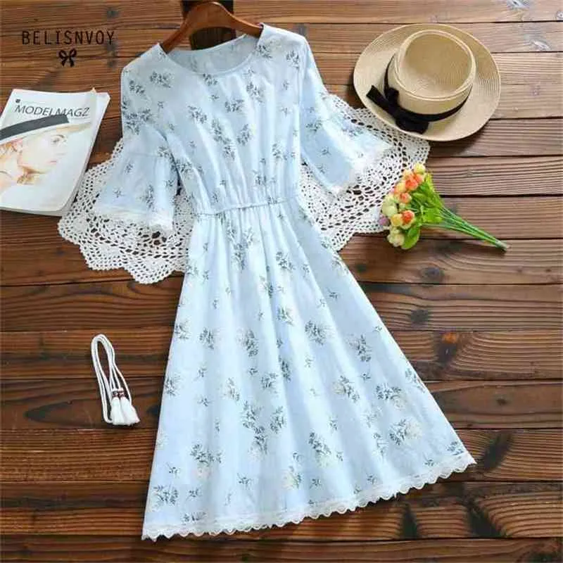 Vintage Floral Printed Cotton Linen Midi Dress With Sleeves For