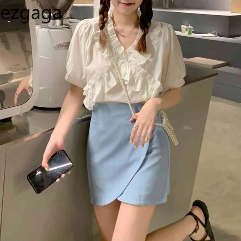 Ezgaga elegante moda coreana dois pedaços conjunto mulheres chiffon patchwork manga curta blusa alta cintura sólida saias de escritório senhora terno 210430