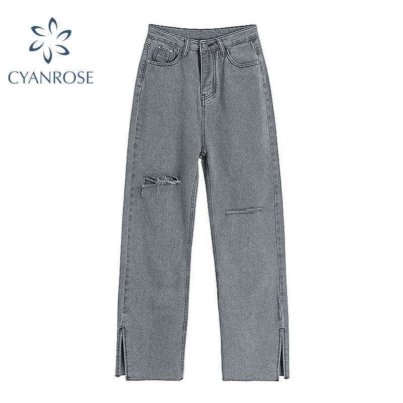 Hög midja grå rippade jeans kvinnor streetwear baggy hajuku breda ben kvinnliga byxor vintage raka långa byxor 211129