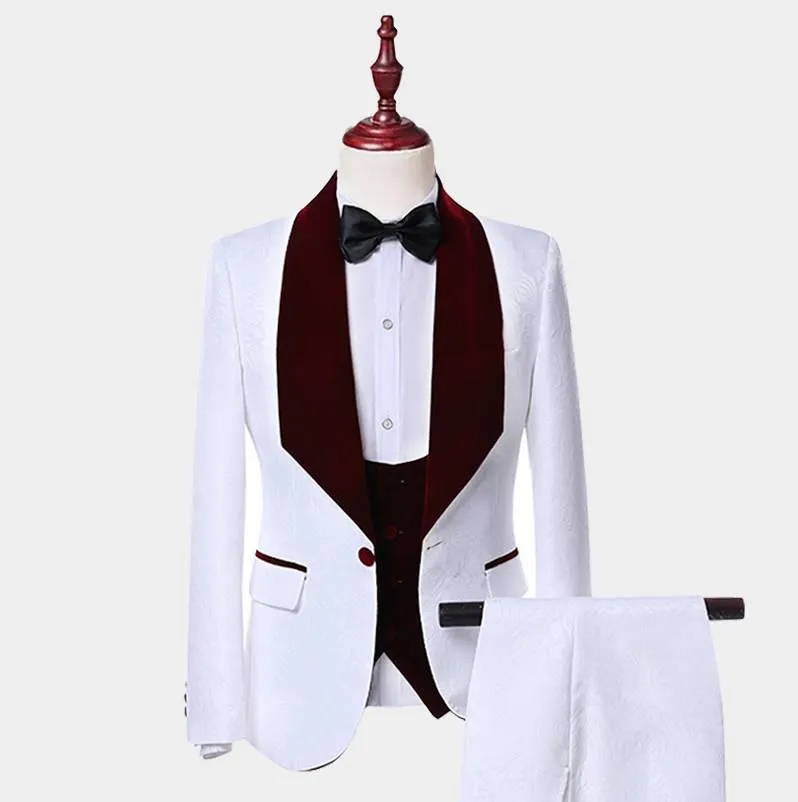 Style Groomsmen White And Burgundy Groom Tuxedos Shawl Lapel Men Suits Wedding Blazers