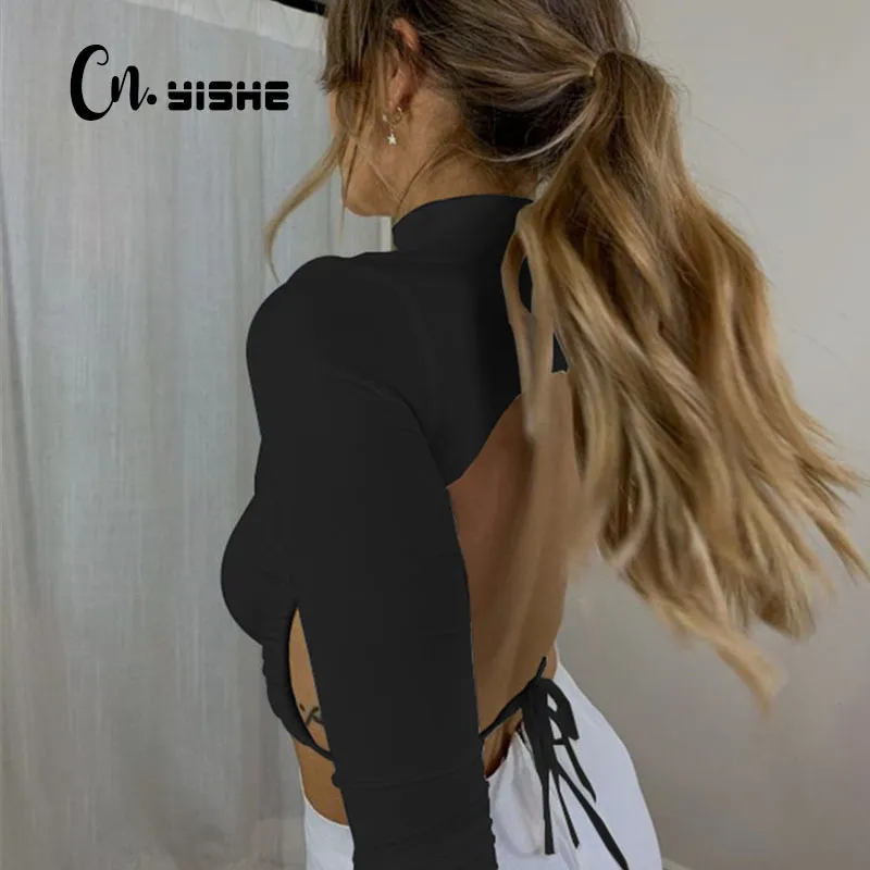 CNYISHE Sexy Backless Lace Up Langarm Crop Tops Aututmn Frauen T-Shirts Slim Fit Feste Kleidung Tops Tees Abgeschnitten Shirts blusa 210419