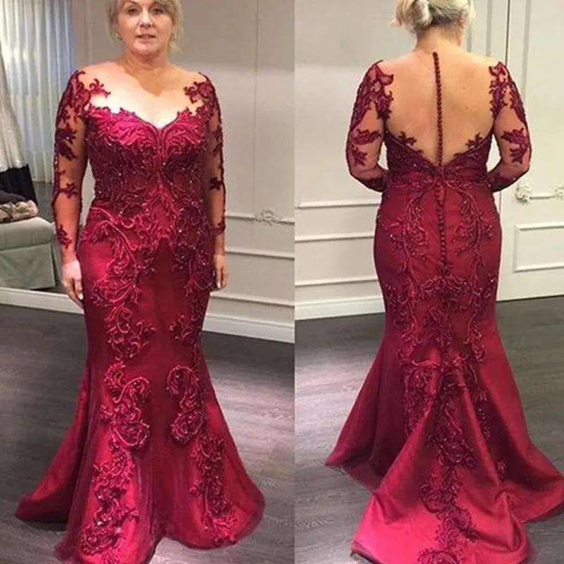 Ultimi abiti eleganti per la madre della sposa in pizzo bordeaux a figura intera maniche lunghe abiti da cerimonia nuziale con scollo a illusione sirena