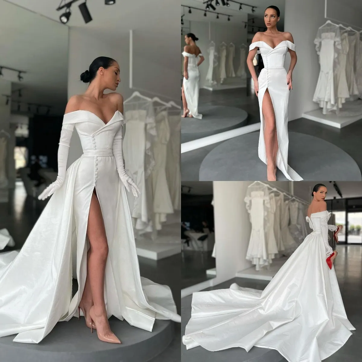 Elegant Satin Mermaid Side Split Bröllopsklänningar Brudklänningar 2021 från axeln Långärmad Nigerian Vestido de Novia