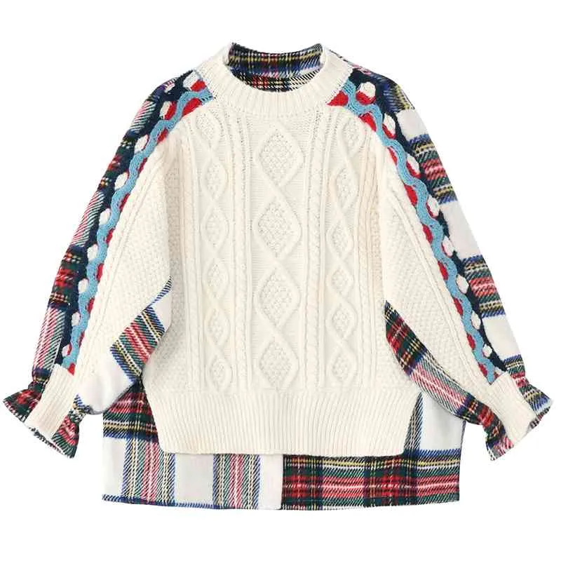 Mode printemps Plaid grande taille tricot pull Fit O cou à manches longues femmes pulls chaud reine vêtements 210510