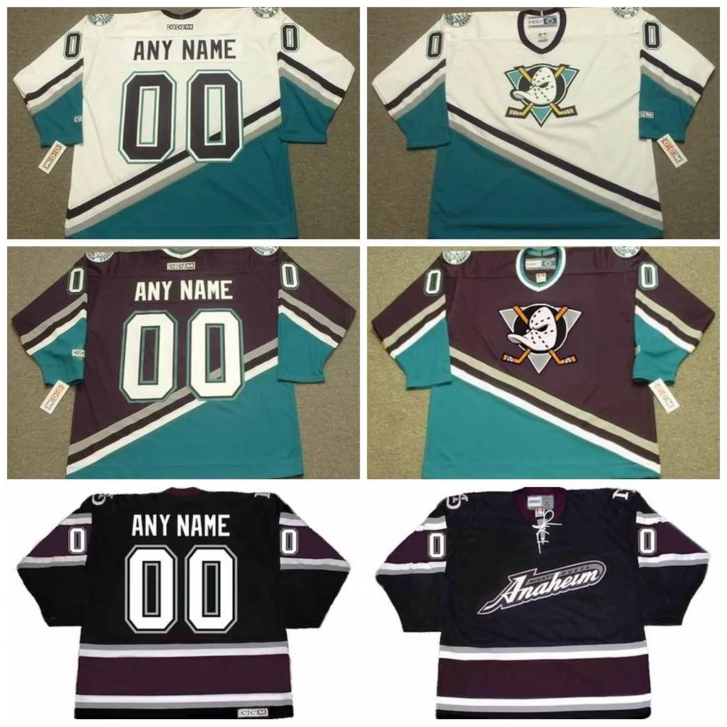 Anaheim Mighty Ducks 1990 2005 Custom Vintage Hockey Jersey S-6XL Nummer Any Name Mannen WOMN JEUGD JERSEYS AA