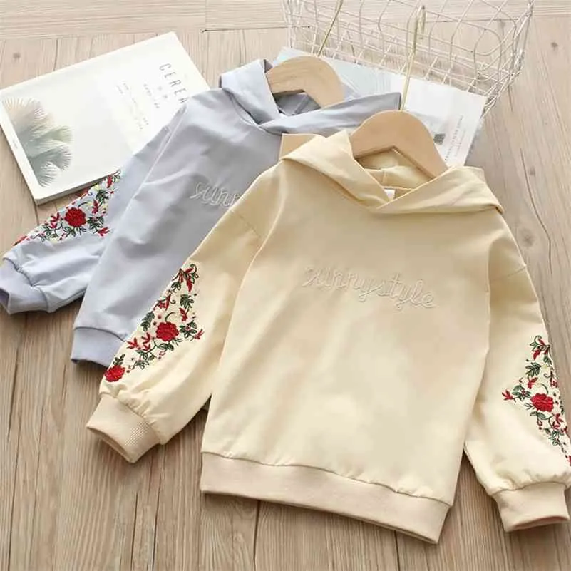 Baby Hooded Sweatshirt Spring New Kid's Clothes Children's Long Sleeve Flower Embroidered Tops For Girls 2 6 8 10 12 Years 210414