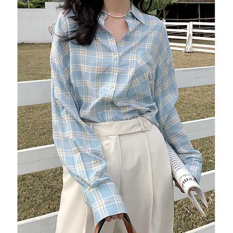 Spring Sweet Fresh Office Lady Plaid Shirts Eenvoudige Mode All-match Vrouw Blouses Casual Losse Zachte Womens Tops 210525