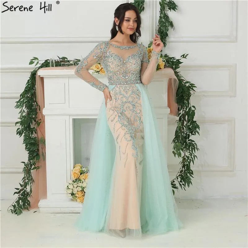 Party Dresses Mint Diamond Crystal Luxury Sexy Sheer Long Sleeves Low Back Fashion With Train Evening Dress 2021 Real Po BLA6641