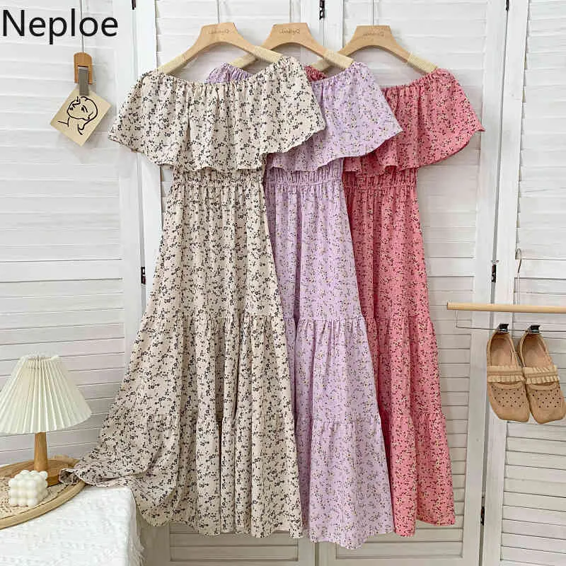 Neploe Women Summer Dresses off Ombro Chiffon Beach Dress Slash Neck Ruffled Slim Cintura Floral Vintage Femme Robe 210422