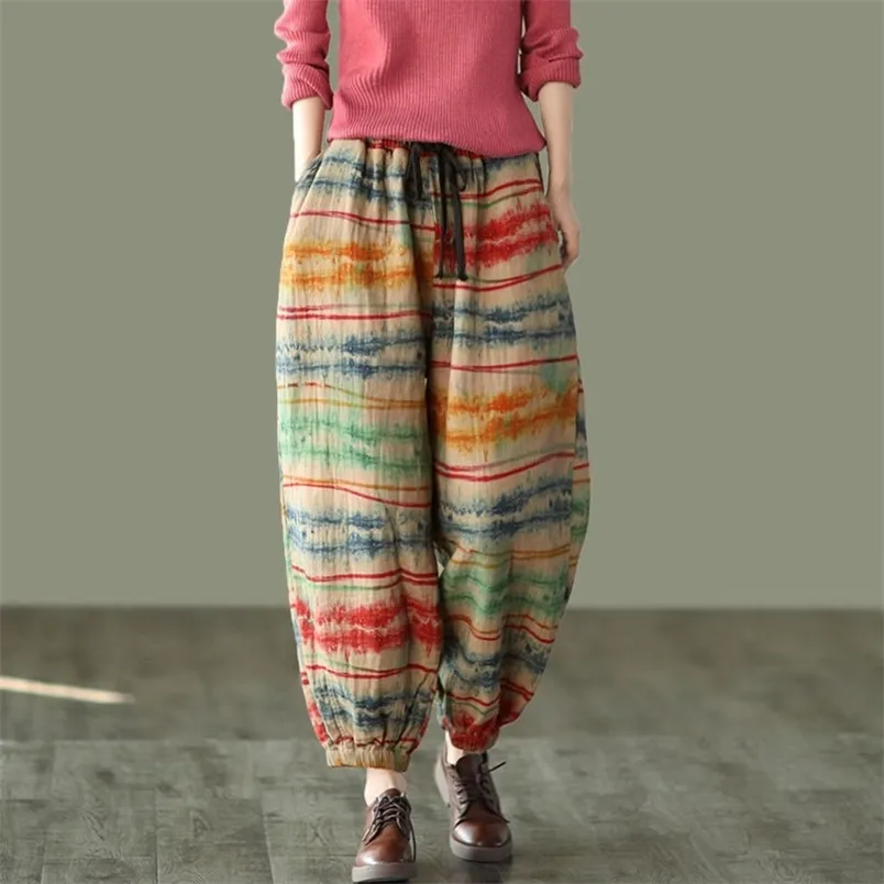 Bahar Sanatları Stil Kadınlar Elastik Bel Gevşek Ayak Bileği Uzunlukta Pantolon Vintage Boyama Pamuk Keten Harem Femme V227 210512