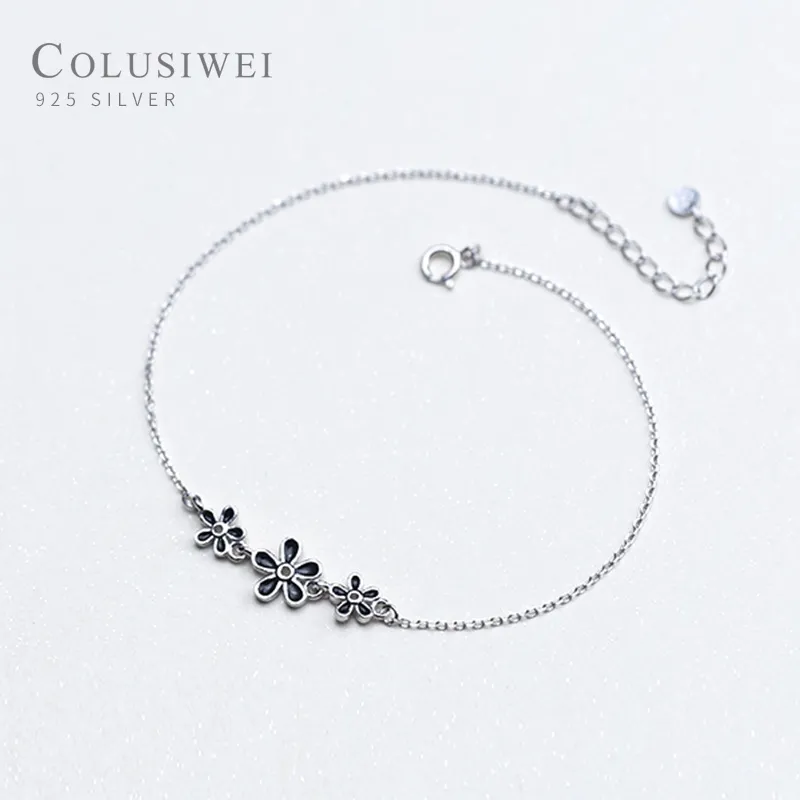 Colusiwei Cavigliera con catena a fiore nero Bracciale da donna in vero argento sterling 925 con gioielli alla moda per piede 2020 estate