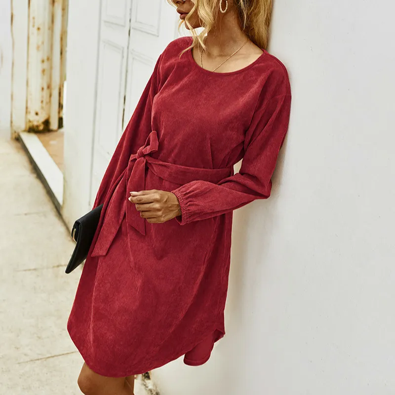Vintage Corduroy Long Sleeve Office Sweatshirt Dress for Women - Elegant and Casual Short Sweatshirt Dress in Autumn/Winter (210415)