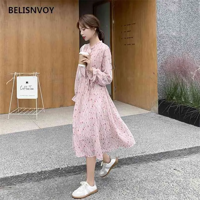 Autumn OL Bow Collar Belt Pink Dresses Summer Tunic Vintage Chiffon Streetwear Womens Lovely Ins Elegant Chic Vestidos 210520