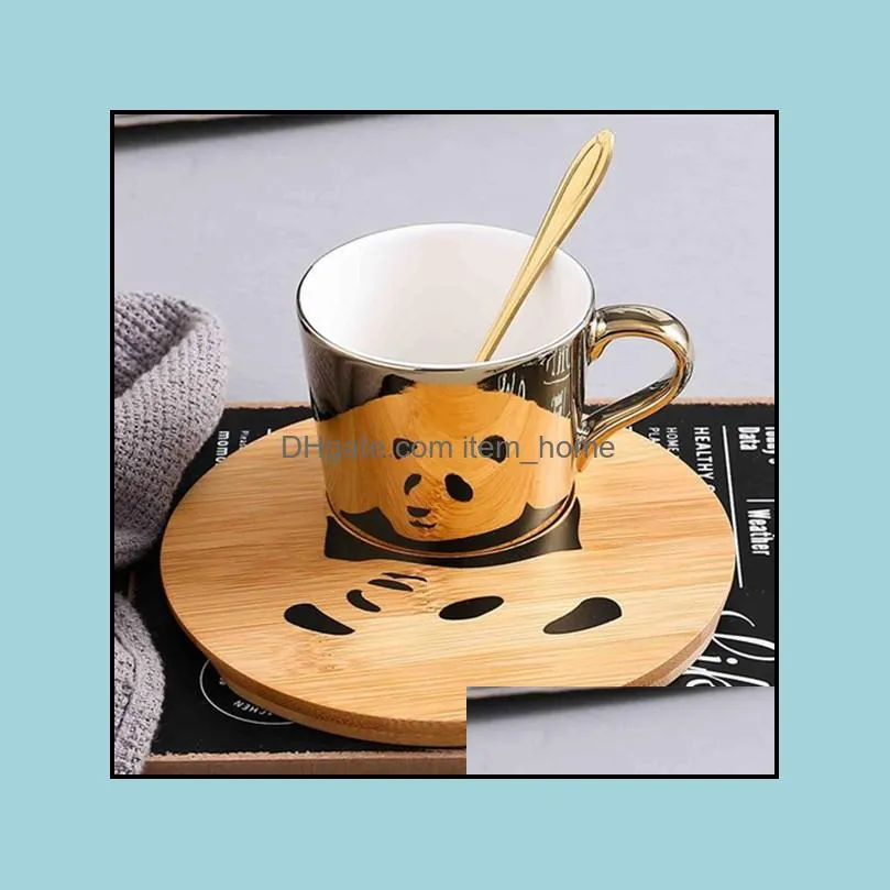 New Creative Gold Mirror Reflection Cup And Wood Saucer Coffee Mug Cup Breakfast Milk Water Tea Mug Friend Birthday Best Gift