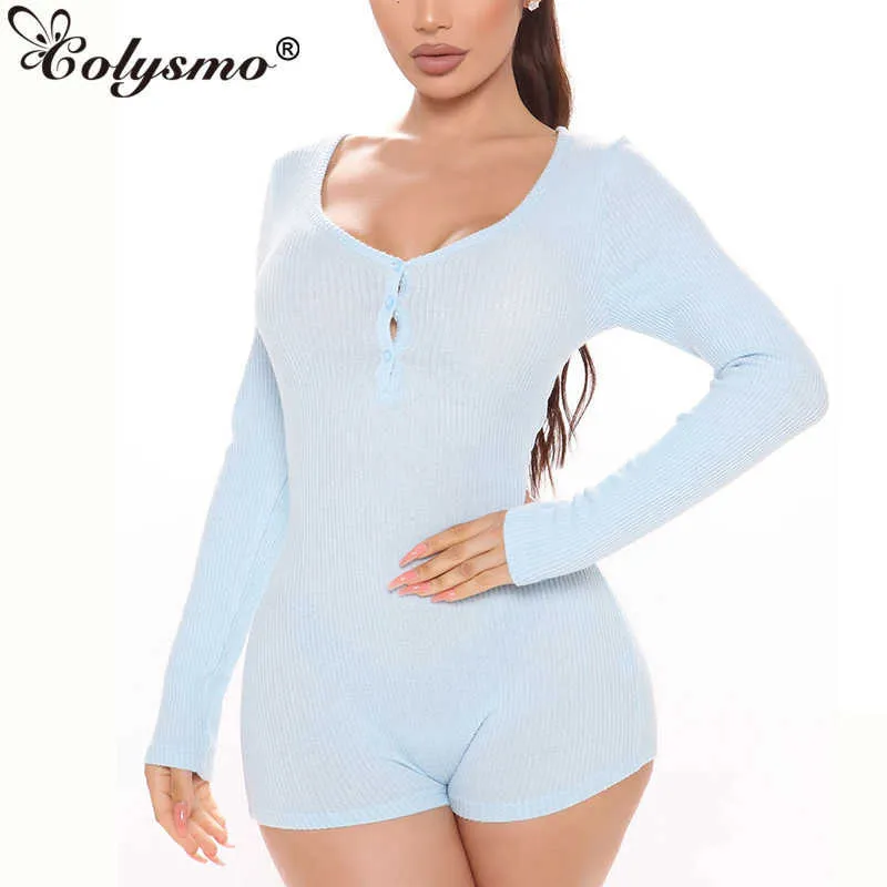 Colysmo Z Długim Rękawem Playsuit Women Front Button Ribbed Dorywczo Romper Jesień Krótki Kombinezon Loungewear Blue Streetwear 210527