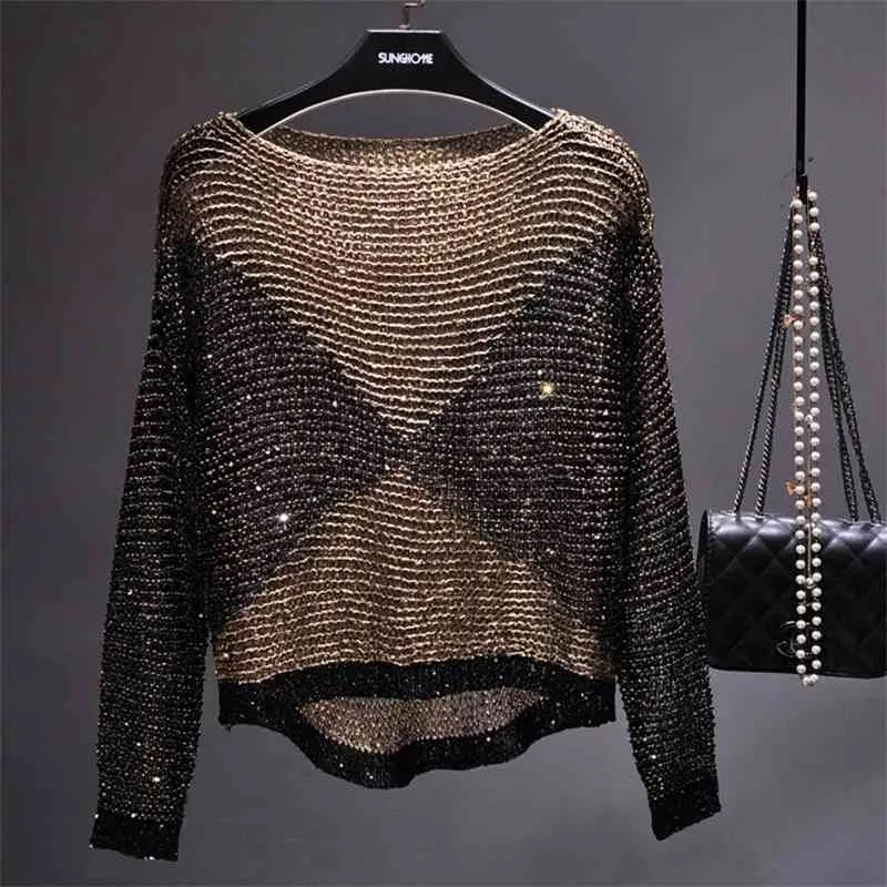Qooth Women Sequined Stick Toppar Lång Batwing Sleeve Big O-Neck Blus Sequined Bling Loose Pullover Stickad skjorta Femme QH2160 210518