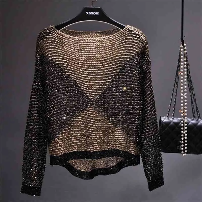 Qooth Women Sequined Knit Tops Long Batwing manga gran blusa de cuello O bling lentejuelos camisa de punto de punto femme de tejido de punto QH2160 210518