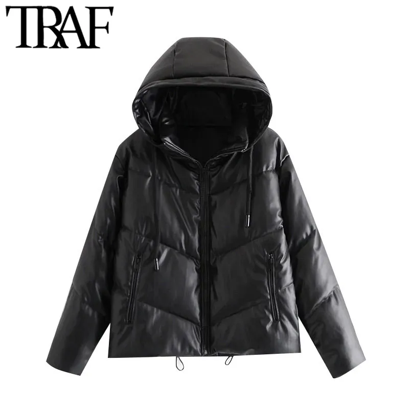 TRAF女性のファッションのフェイクレザーパッドドジャケット厚い暖かいパーカーコートビンテージ長袖ポケット女性の上着シックトップ210415