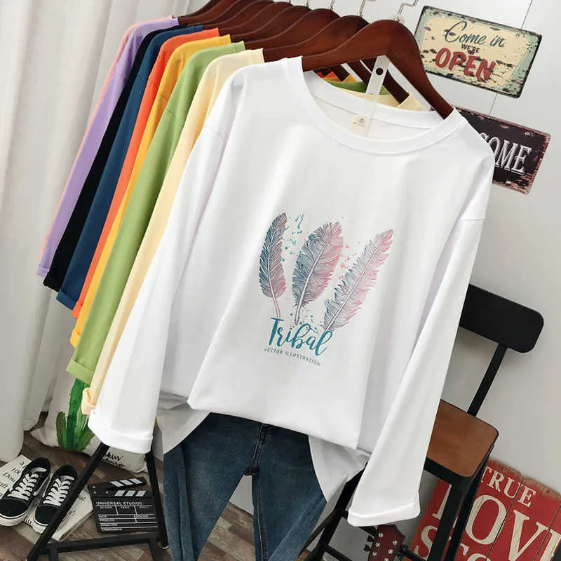 DONAMOL Plus Size Spring fashion Casual women Long sleeve T-shirt loose 100% cotton Soft Pullover Harajuku Feather print Tops X0628