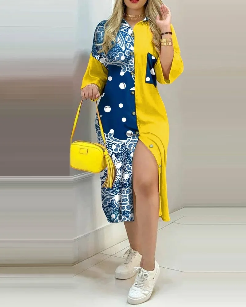 ファッション気質シャツカジュアルドレスポケットボタンコントラストドレス女性