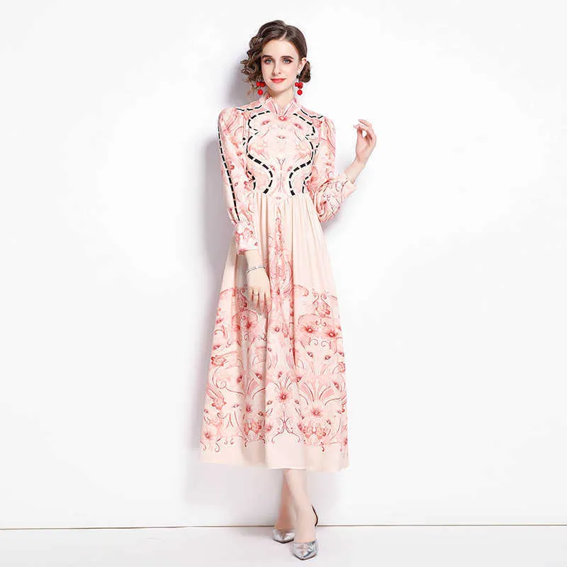 Women Summer Designer Elegant Pink Printed Maxi Dress Sexy Wedding Party Robe Female Vintage Lantern Sleeve Dress Vestidos 210525