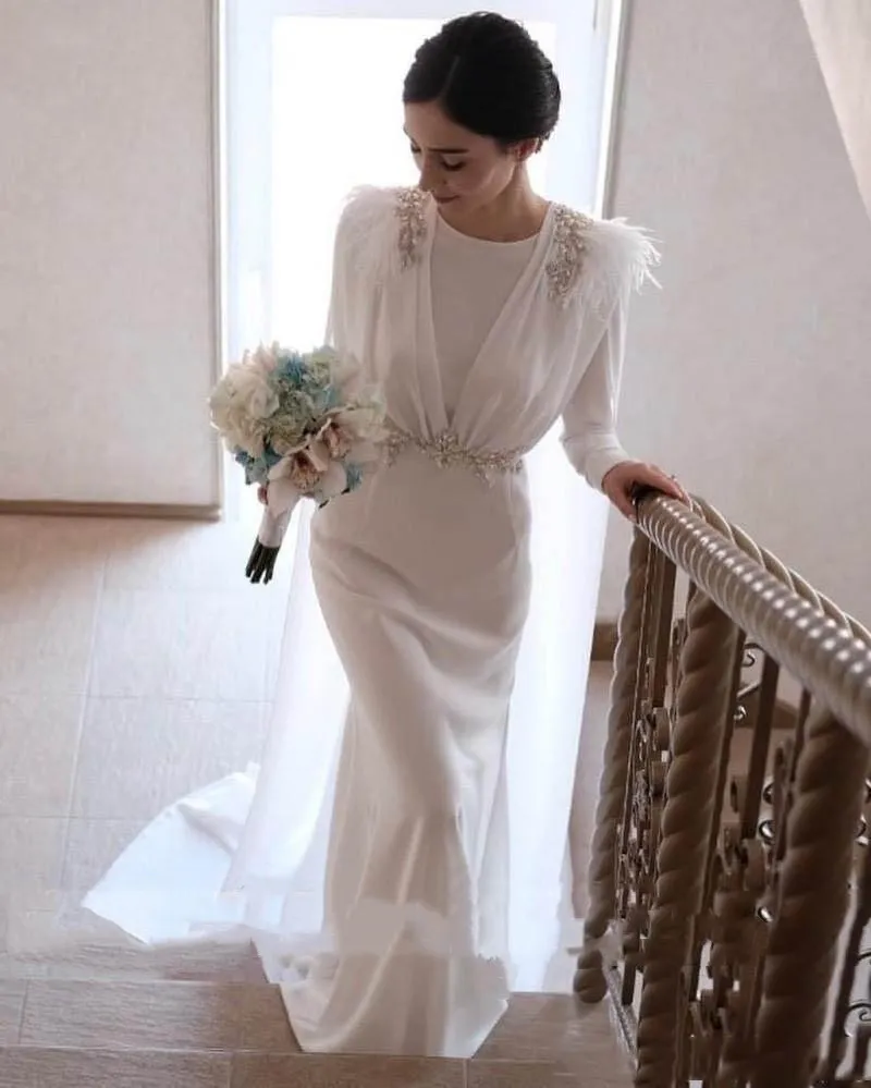 Elegant Kaftan Satin Mermaid Wedding Dresses With Cloak Beaded Sashes Long Sleeves Buttons Princess Skirt Bridal Gowns Vestidos De Noiva Feather Reception Dress