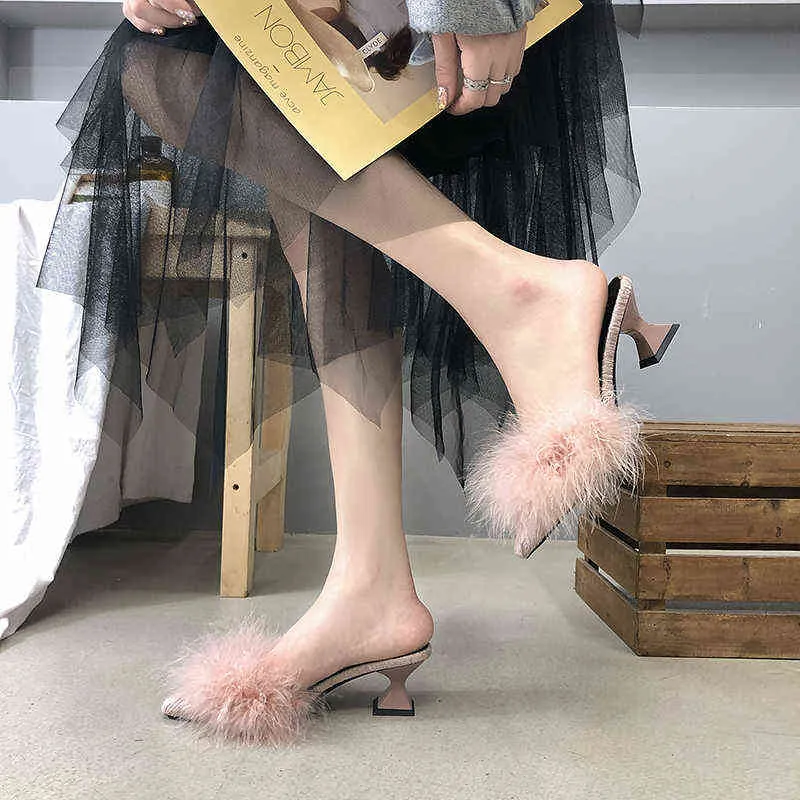 2020 new women`s set toe-shaped non-slip high heels fashion rubber bottom elastic cloth summer shallow fur shoes Y220221