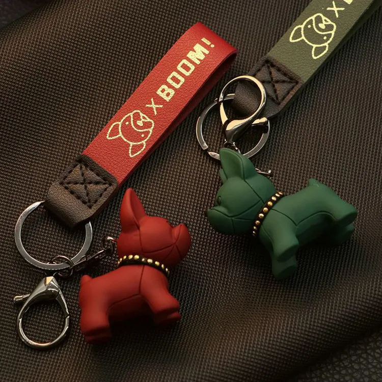 Party Favor Puppy French Fighting Dog Bronzing Leather Cord Key-Chain Creative Söt Kvinna Tecknad Shiba Inu Små Hängsmycke