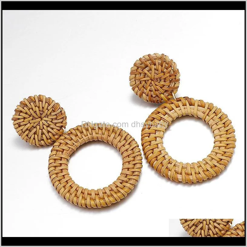 handmade round rattan pendant drop earrings for ethnic india women acrylic hanging rattan straw weave knit vine earrings