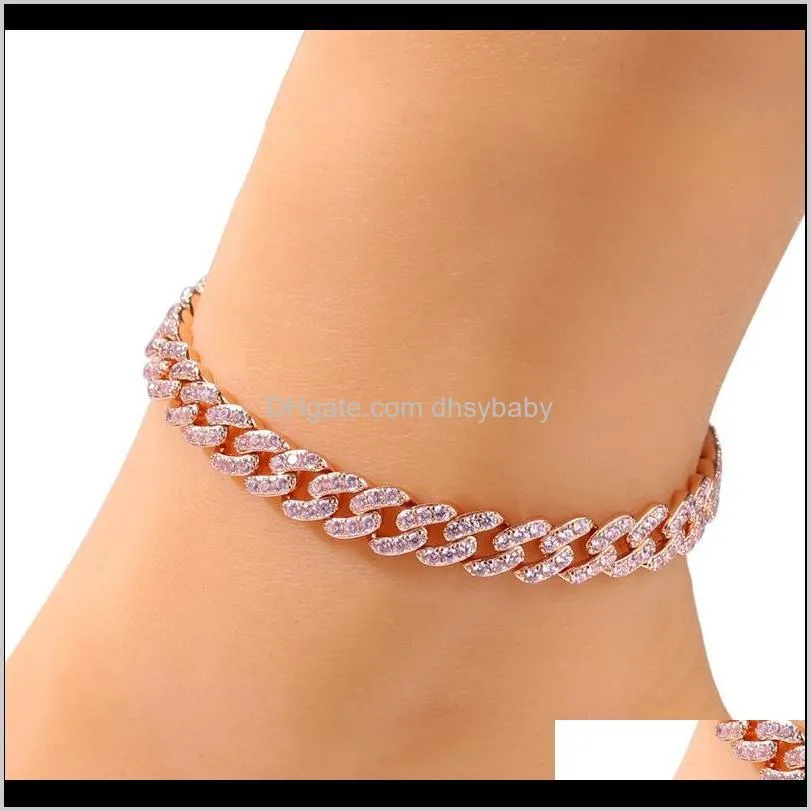 fashion womens anklets bracelet iced out cuban link chain anklets bracelets gold silver pink diamond hip hop anklet jewelry