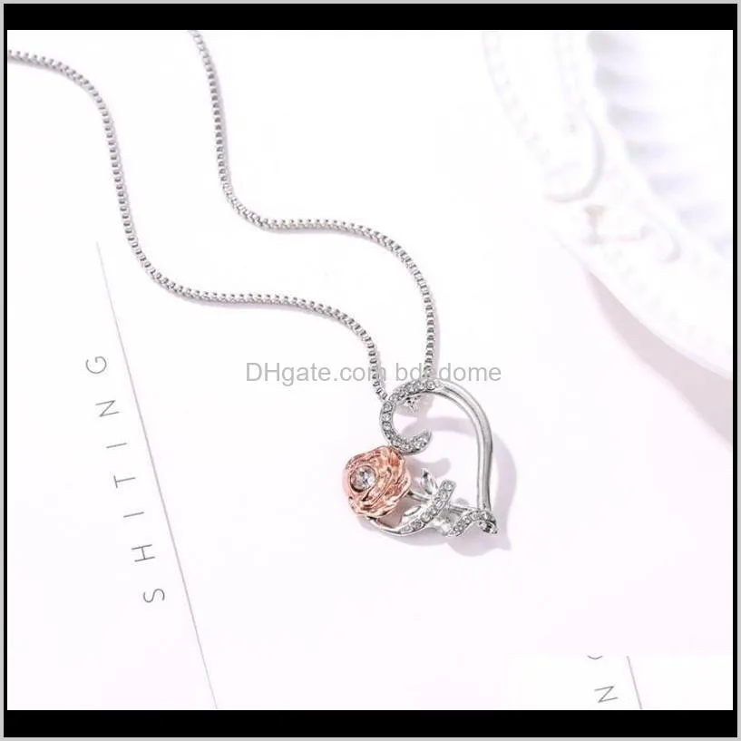 pendant necklace heart pendant gold color rose flower white crystal setting silver color plated box chain women valentine`s day gift