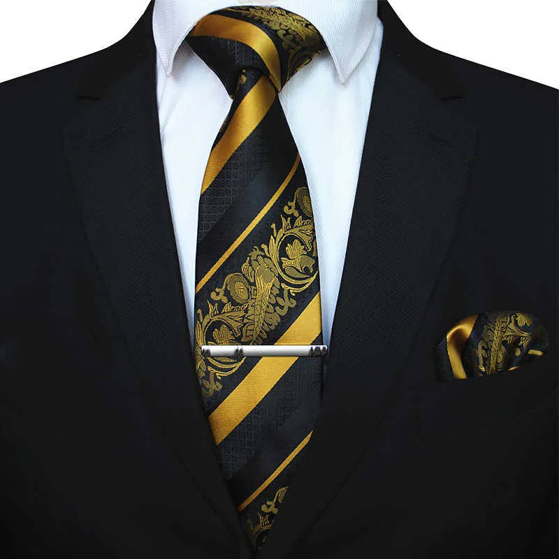 Kamberft Classic Mens Floral Slips och Pocket Square Tie Clip Set för män Gul Striped 8cm Silk Bröllop Accessorie