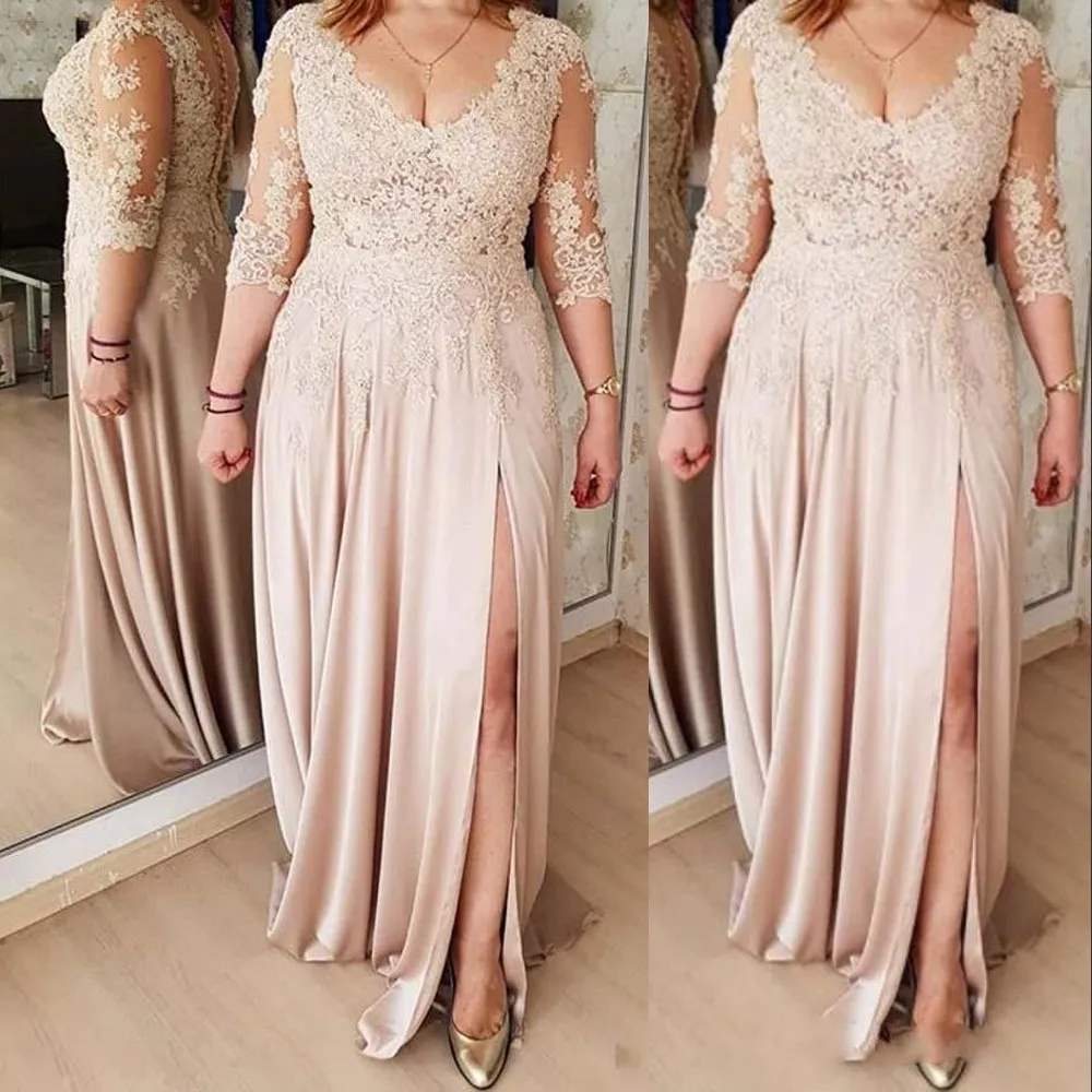 2021 Arabe Sexy Mère De La Mariée Robes Haute Split Col En V Robe De Soirée À Manches Longues En Dentelle Appliques Plus La Taille Robes De Bal De Fête