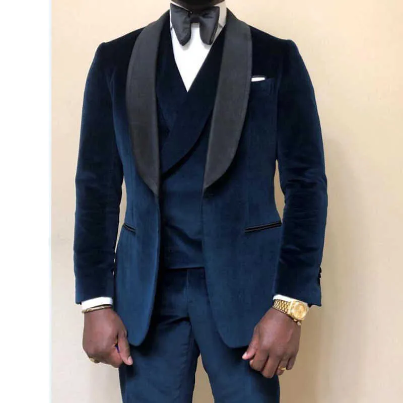Navy Blue Velvet Casual Men Suits for Prom 3 piece Wedding Groom Tuxedo African Man Fashion Clothes Set Jacket Vest with Pants X0909