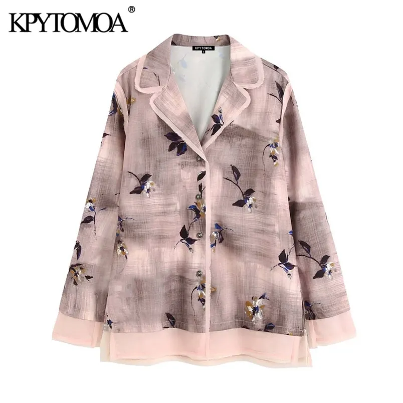 Women Fashion Frayed Trims Printed Blouses Lapel Collar Long Sleeve Side Vents Female Shirts Chic Tops 210420
