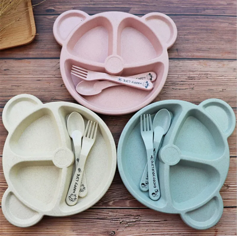 Tecknad baby barn porslin set wheat halm dinnerware matar mat tallrik skål set med sked gaffel miljövänlig porslin 824 x2