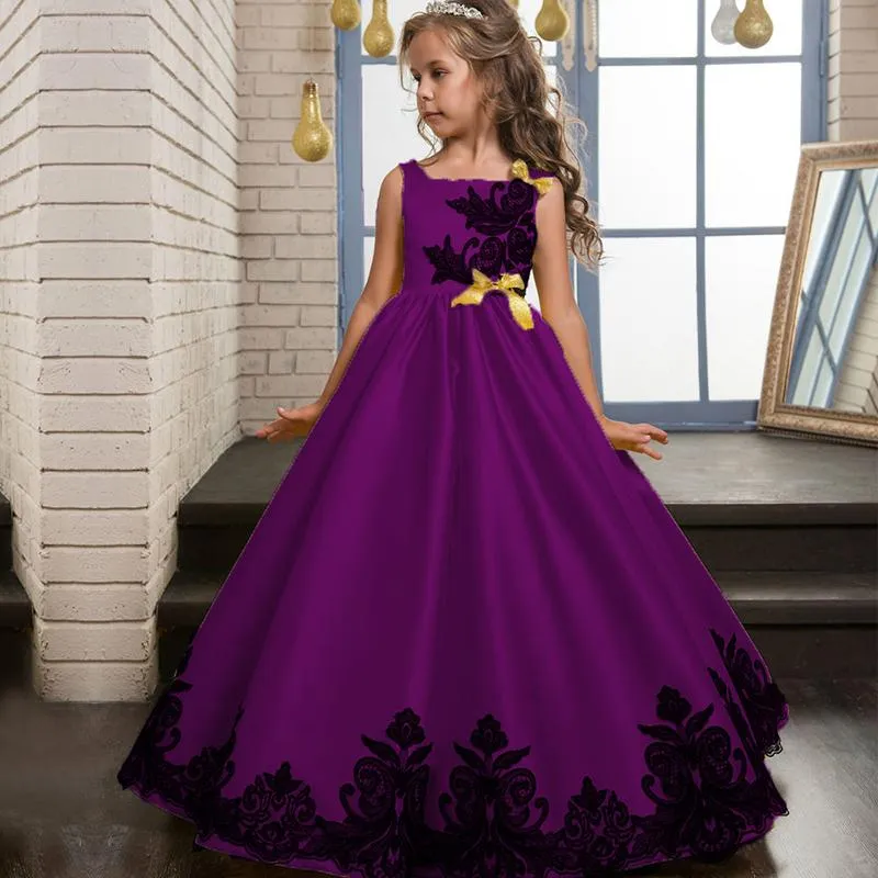 Kızın Elbiseleri Çocuk Elbise Çiçek Uzun Dantel Zarif Gençler Balo Kız Parti Akşam Nedime Prenses Giyim 4-15 Yıl 2021