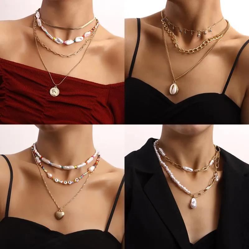Chokers trendiga flerskiktskedja oregelbundna pärlpärlor halsband för kvinnor mode uttalande hänge halsband boho smycken gåva