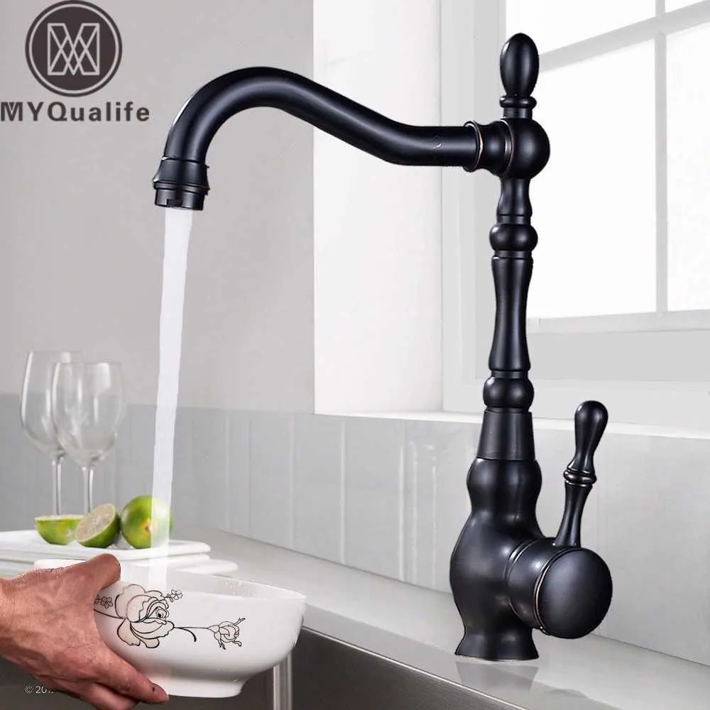 Deck Mount Bathroom Kitchen Faucet Single Handle 360 Rotate Basin Sink Mixer Taps Black and Cold Water Mixers 210724