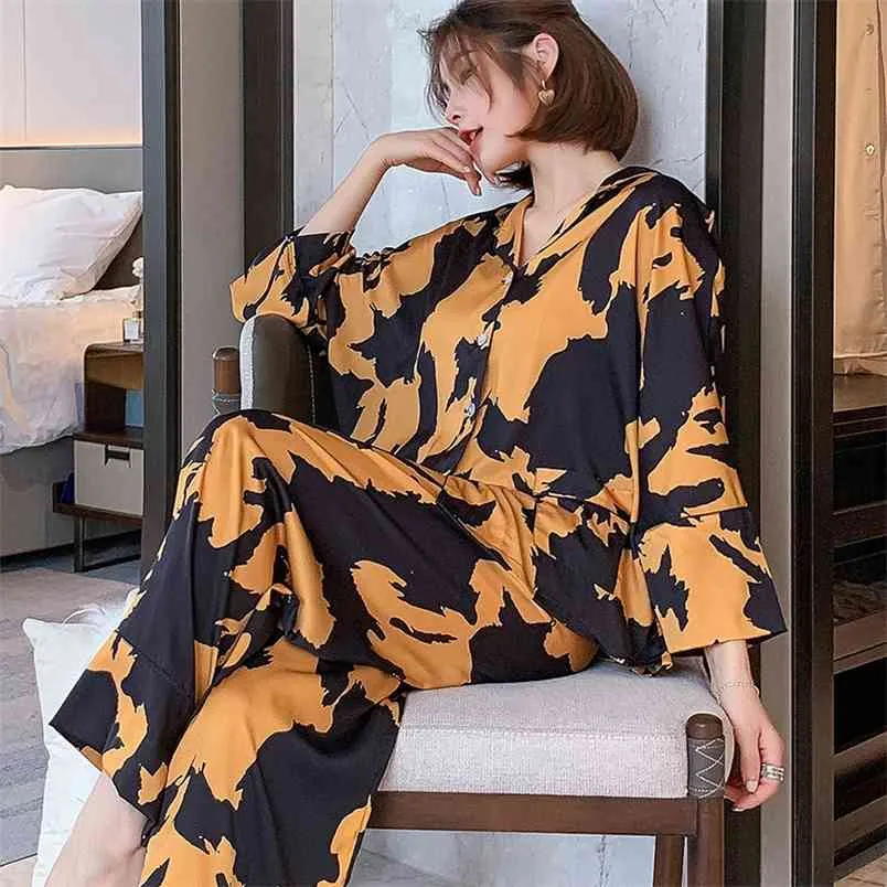 Pijama Loungewear Pijama İpek kadın Ev Giysileri İki Parçalı Setleri Nighty Bayanlar Için Uzun Kollu Uyku Gömlek 210830