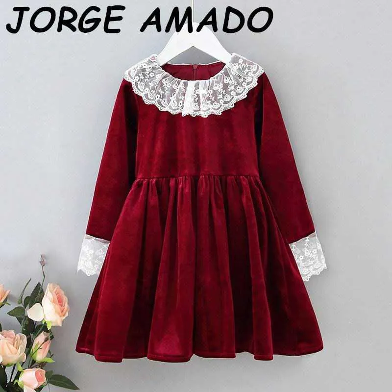 Girls Dress Autumn Fall Lace Collar Velet Long Sleeve Wine Red Christmas Kids Clothes E2113 210610