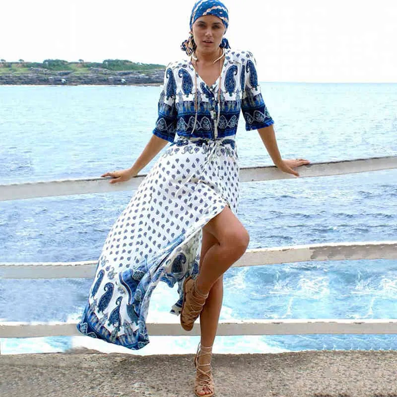Bohemian Printed Summer Women Beachwear Kaftan Cover-ups Beach Dress Cotton Tunic Swim Wear Cover Up Robe de plage Q1023 210420
