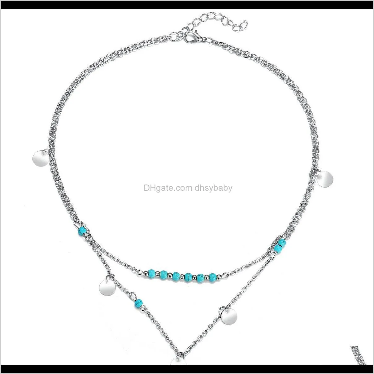 women bohemian ethnic style turquoise beads pendant necklace clavicle chain sequin double-layer necklace fashion jewelry