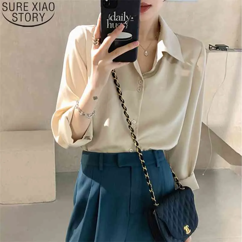 French Style Fashion Vintage Blouse Silky Satin Shirts Long Sleeve Shirt Women Solid 4 Colors Turn-down Collar Ladies Tops 11045 210506