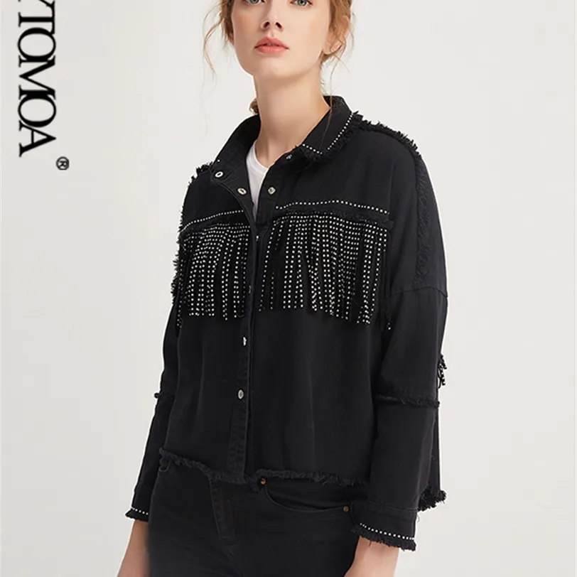 KPYTOMOA Damesmode Kwastje Beaded Oversized Denim Jas Jas Vintage Lange Mouw Gerafelde Zoom Vrouwelijke Bovenkleding Chic Tops 211223