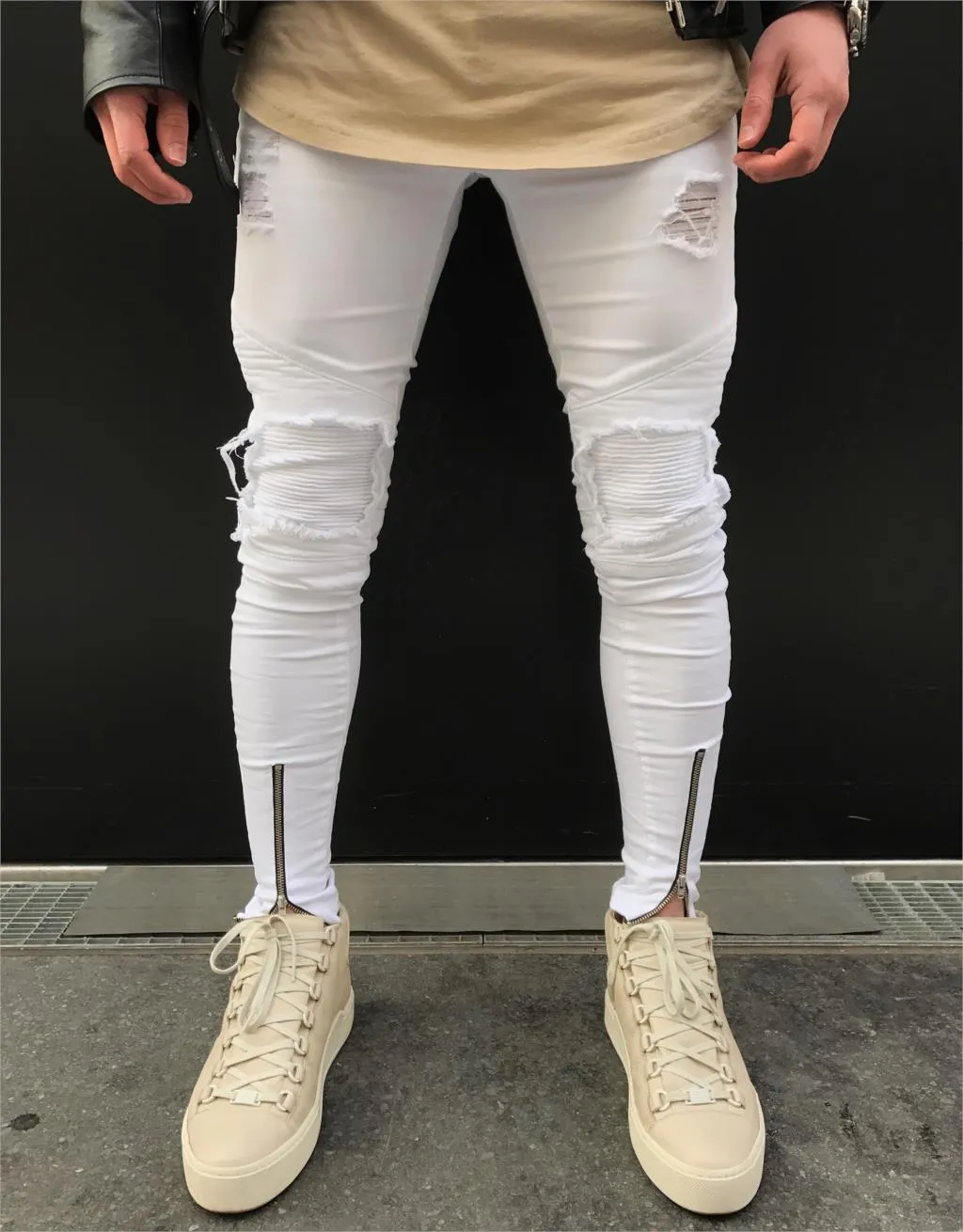 Ripped Biker Jeans For Men White Blue Knee Pleated Ankle Zipper Slim Fit Cut Destroyed Skinny Jean Pants From Xmlongbida 20.85 DHgate.Com