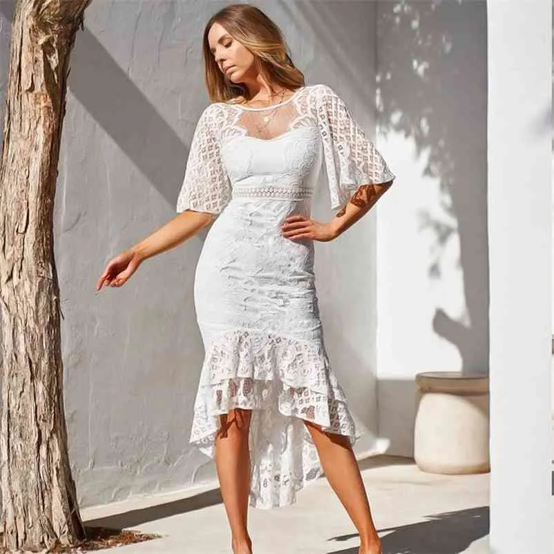 Foridol White Lace Party Dress Kobiety Jesień Zima Trąbka Bodycon Midi Dress Elegancki Rękaw Rękawy Flare Sukienka 210415