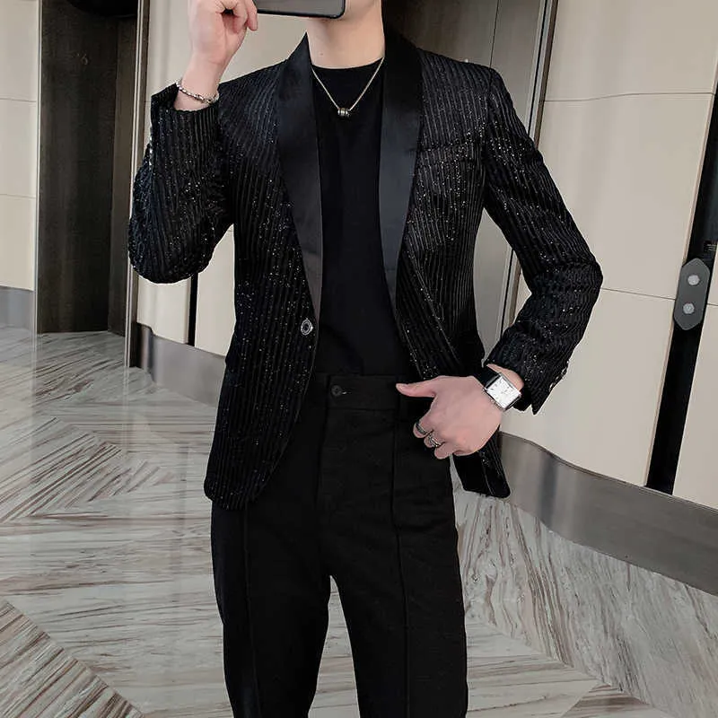 Spring Men Blazers Striped Casual Suit Jacket Sequins Stage Singer DJ Dress Coat Slim Fit Streetwear Social Costume Homme 210527